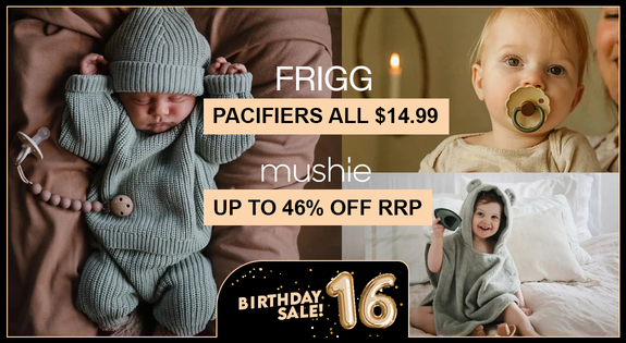 Shop the Frigg Pacifiers all $14.99! and Mushie up to 46% off RRP! sale