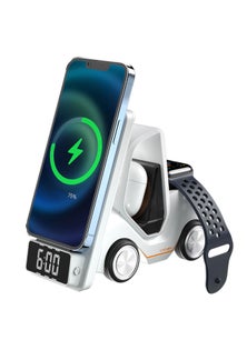 3 in 1 Fast Charging Wireless Charger with Digital Clock  Display-Type-C Plugged-in - Grey