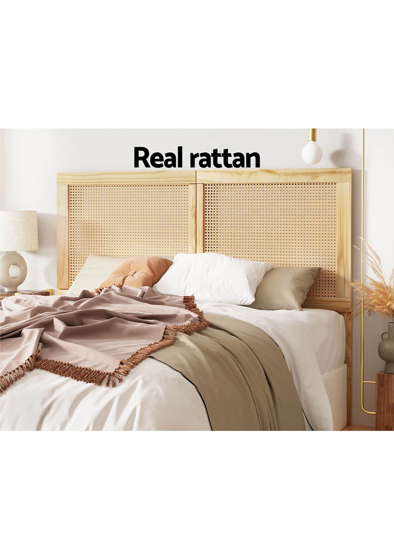 Artiss Bed Head Headboard Queen Rattan Ribo Pine Headboards ...