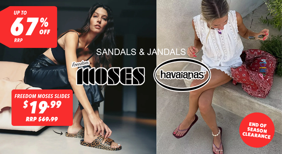 Shop the Sandals & Jandals - End of Season Clearance - Up to 67% Off RRP sale