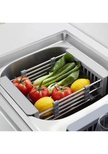 Adjustable Drainer Basket Drain Tray for Dish,Fruit-Gray