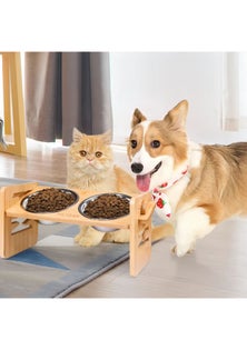 Adjustable Bamboo Elevated Dog Bowls with Stainless Steel Feed Bowls